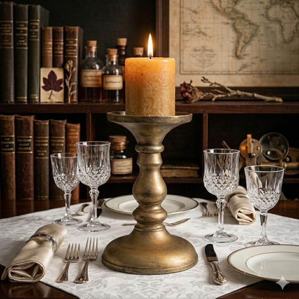 Hand-Finished Antiqued Gold Metal Candlestick